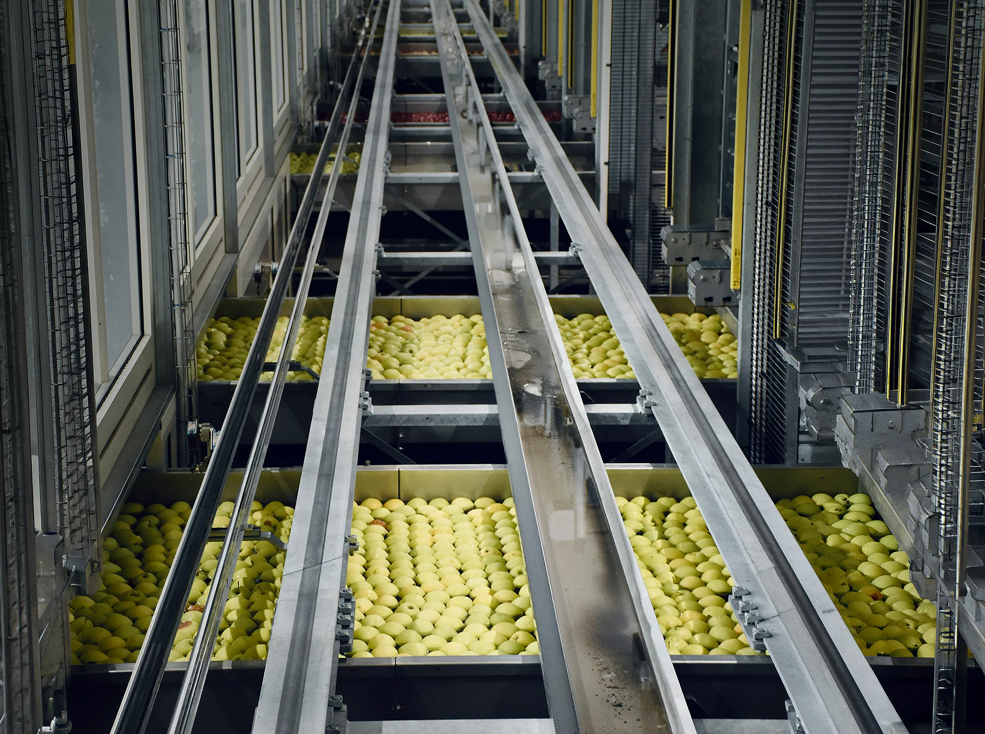 Anlage mit Fördertechnik und Apfelkisten in der Lebensmittelindustrie