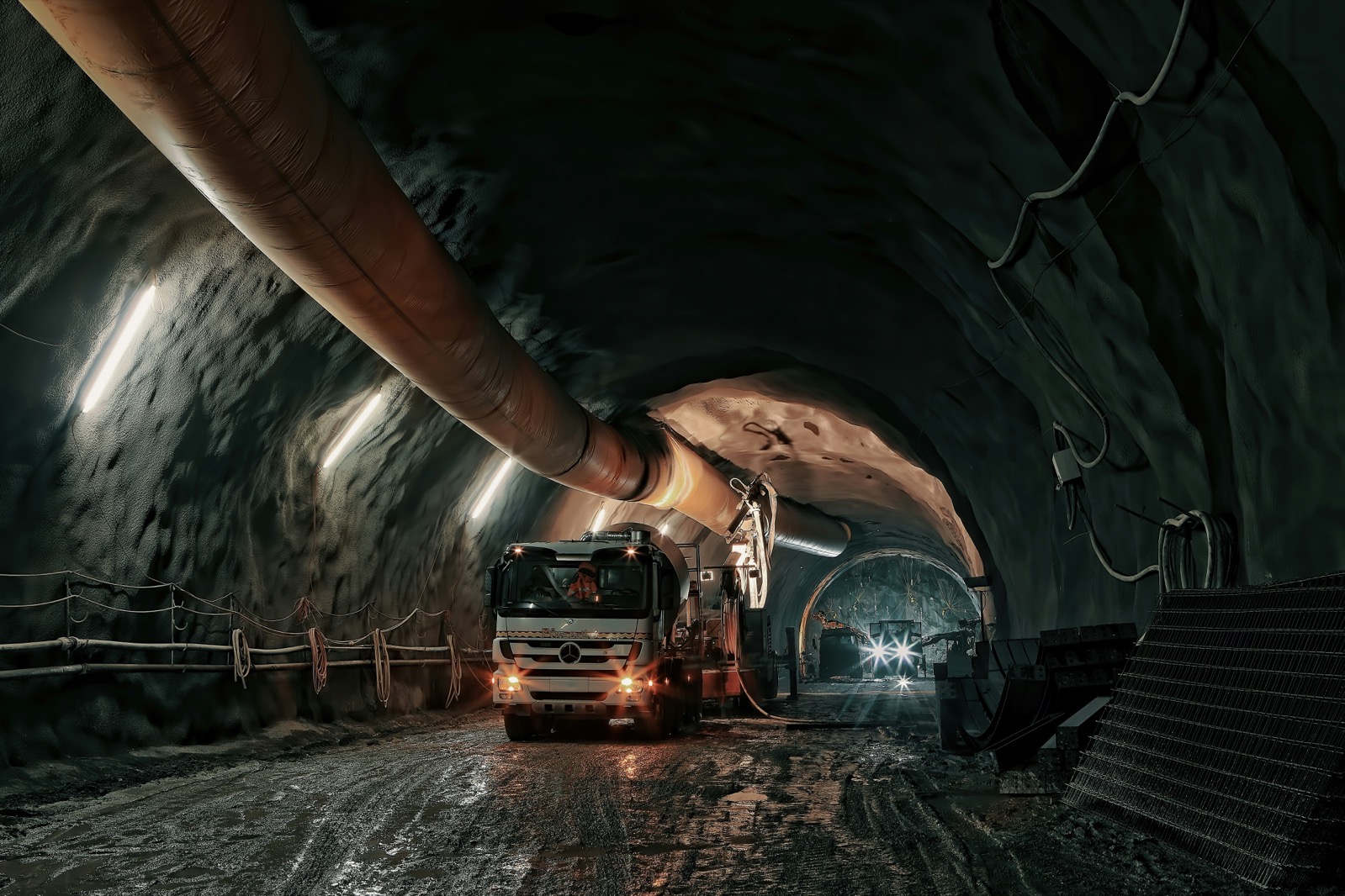 Beleuchteter Bergbautunnel mit Baufahrzeug und Bohrgestänge